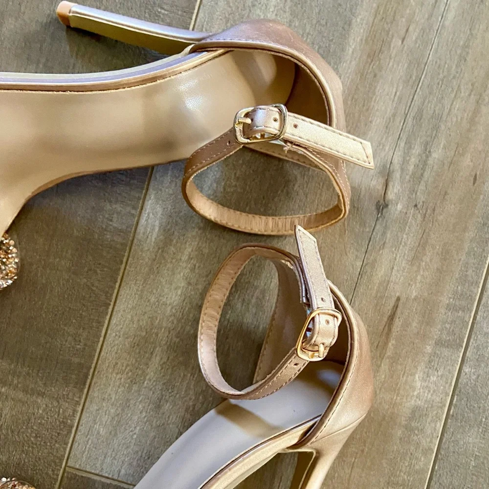 Open Toe Ankle Strap Rhinestone Band Dress Sandal Stiletto High Heel in Gold